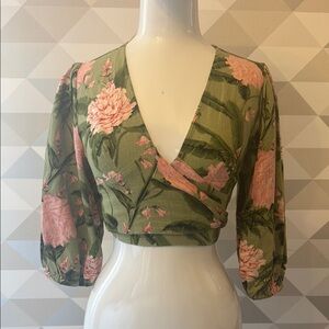 Agua Bendita Pink and Green Puff Sleeve Wrap Blouse